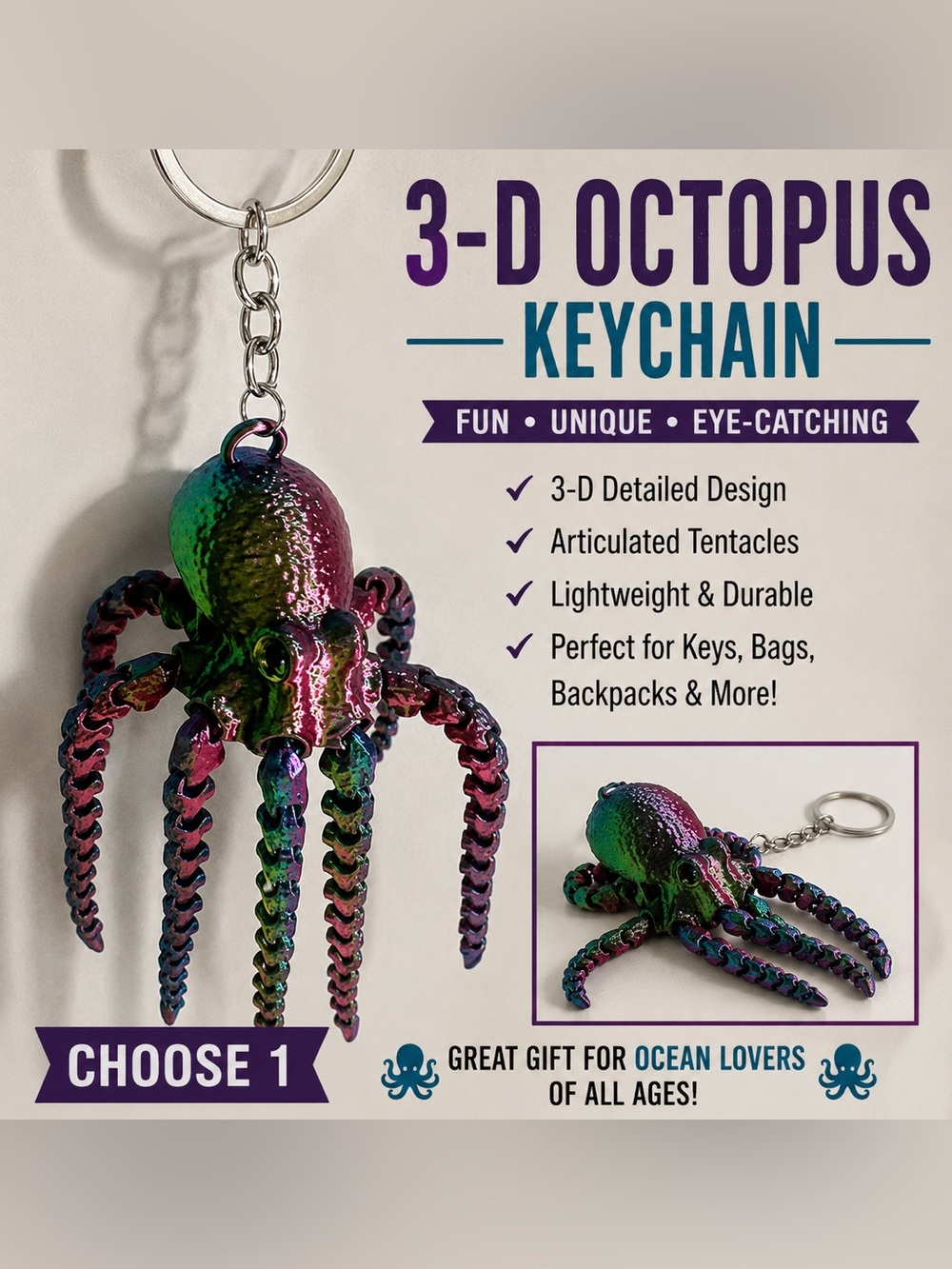 3-D Print Iridescent Octopus Keychain Charm - Green, Purple, Pink